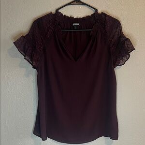 Express Women's Deep Purple Blouse with Lace Sleeves
